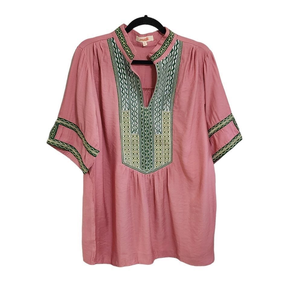 Mazik pink green & gold embroidered v-neck top sz M Boho Country Western